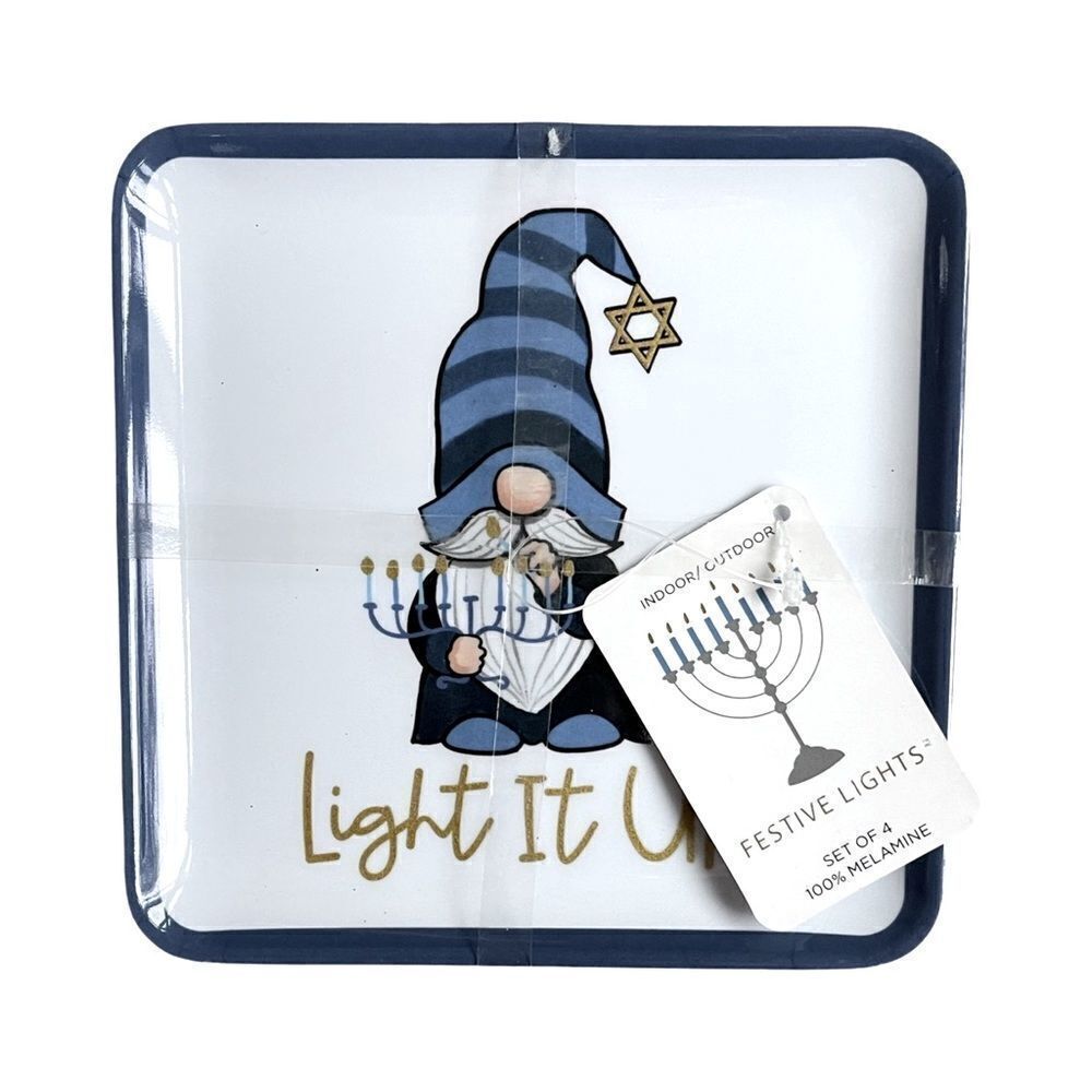 “Light It Up” Festive Lights Gnome Melamine Dessert Appetizer Plates Set 4 NWT